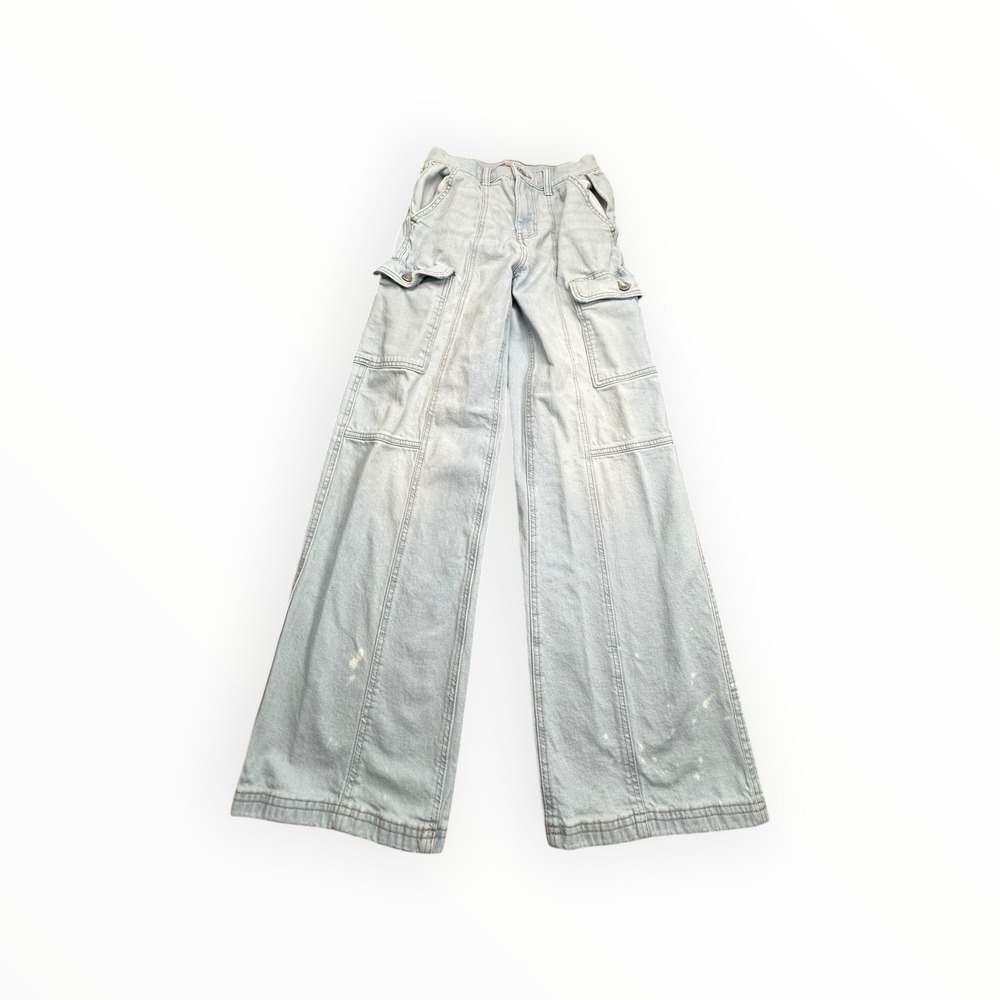 SO Cargo Jeans Womens 3/26W Light Blue High Rise Wide Leg Utility Paint Splatter